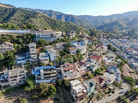 Aerial view of Avalon downtown in Santa Catalina Island, famous tourist attraction in Southern California, USA