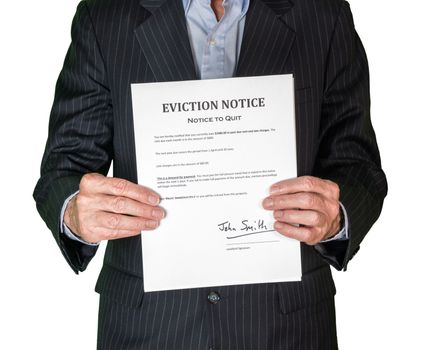 Man in suit serving an eviction notice to a defaulting renter in due to missed rent in recession against white background
