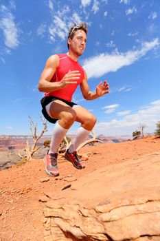 Fitness athlete bench jump squat jumping in nature landscape. Strength training fit male working out exercising outdoors in summer doing jumping on rock.