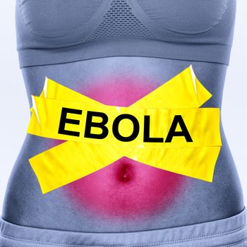 Ebola virus infection. Text on woman stomach symbolizing patient. Ebola symptoms inlcudes nausea, vomiting, diarrhea and stomach pain.