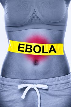 Ebola virus infection. Text on woman stomach symbolizing patient. Ebola symptoms inlcudes nausea, vomiting, diarrhea and stomach pain.