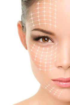 Face lift anti-aging treatment - Asian woman portrait with graphic lines showing facial lifting effect on skin.