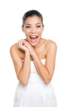 Happy excited young woman isolated on white background. Asian lady in dress screaming in happiness