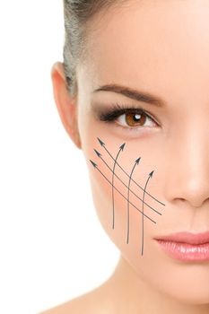 Face lift anti-aging treatment - Asian woman portrait with graphic lines showing facial lifting effect on perfect skin. Skincare cosmetic concept.