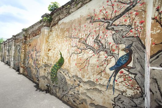 Bangkok, Thailand - September 2, 2018: Chinese style mural in Lhong 1919. The old pier in the past became to a new attraction in Bangkok, Thailand.