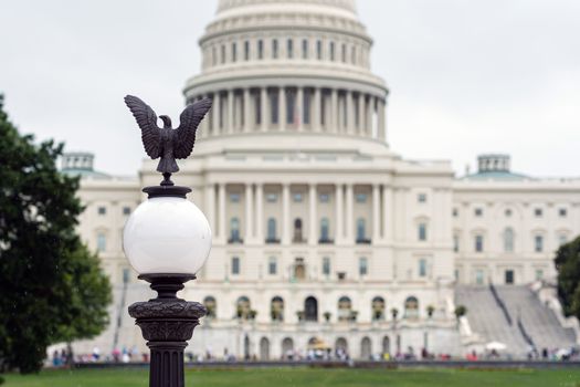 Lantern with an eagle and blurred view of the Capitol building from the back