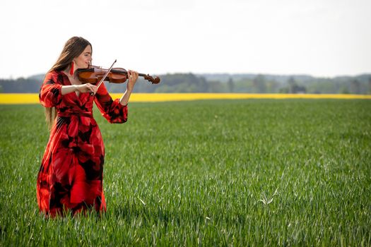 Young woman in red dress playing violin in green meadow.