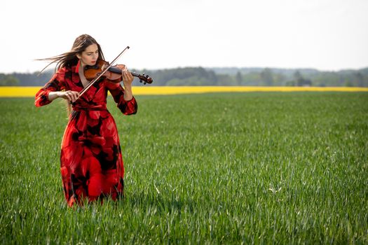 Young woman in red dress playing violin in green meadow.