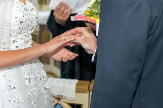 The bride and groom exchange with rings.