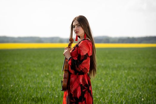 Young woman in red dress with violin in green meadow.