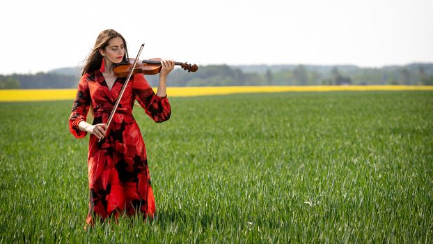 Young woman in red dress playing violin in green meadow.