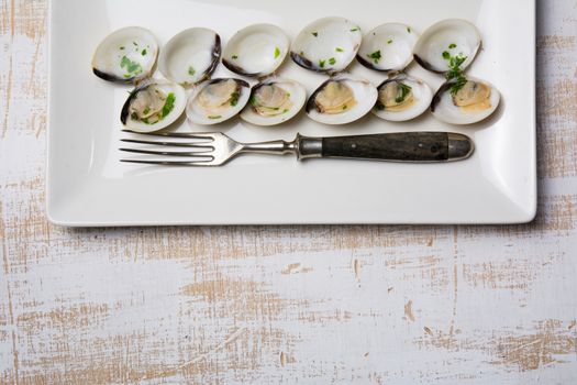 clams in white wine and parsley in rectangular plate on a rustic wooden table