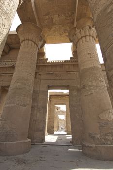 Columns at the Temple of Kom Ombo in Egypt with hieroglyphic carvings
