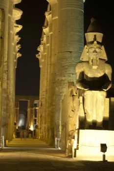 Statue at night in Luxor Temple of Ramses II with columns