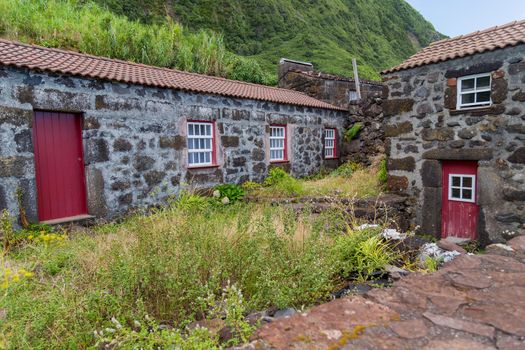 Traditional village on island Pico with houses of volcanic stone, Azores