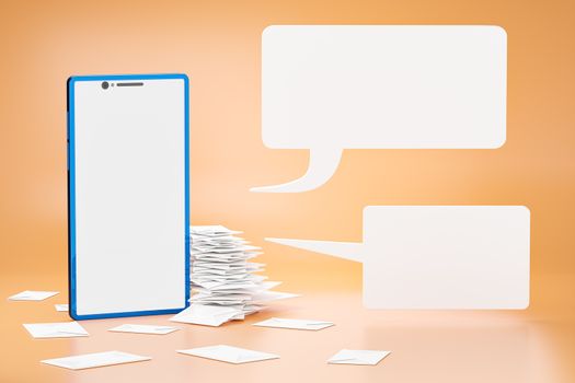 Many stacks of letters in the envelopes are placed beside the blue smartphone and there is a white chat box in front of the cell phone. Concepts of communication by email. Realistic 3D rendering.