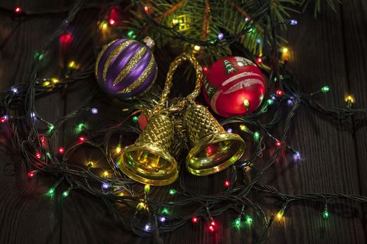 Christmas decoration with fir branches and lights