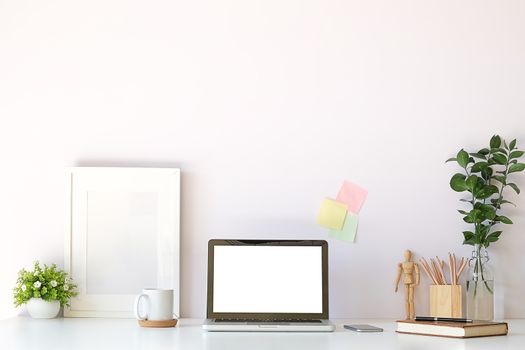 Workspace desk and laptop. copy space and blank screen. Business image, Blank screen laptop and supplies.