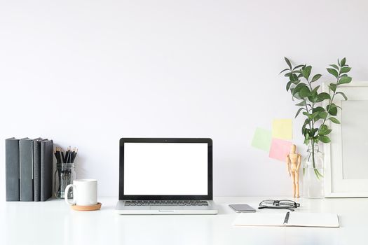 Workspace desk and laptop. copy space and blank screen. Business image, Blank screen laptop and supplies.