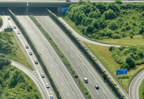 Aerial view from a small aircraft on the A2 motorway in the north of the city of Braunschweig, Germany