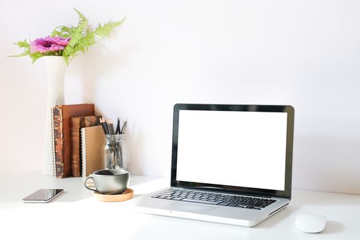 Workspace desk and laptop. copy space and blank screen. Business image, Blank screen laptop and supplies.