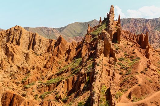 Red sandstone rock formations Seven bulls and Broken heart, Jeti Oguz canyon in Kyrgyzstan, Issyk-Kul region, Central Asia