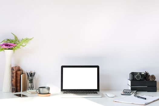 Workspace desk and laptop. copy space and blank screen. Business image, Blank screen laptop and supplies.
