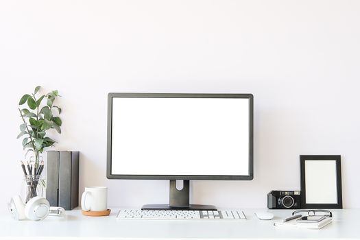 Workspace desk and laptop. copy space and blank screen. Business image, Blank screen laptop and supplies.