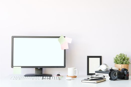 Workspace desk and laptop. copy space and blank screen. Business image, Blank screen laptop and supplies.