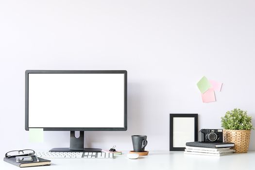 Workspace desk and laptop. copy space and blank screen. Business image, Blank screen laptop and supplies.