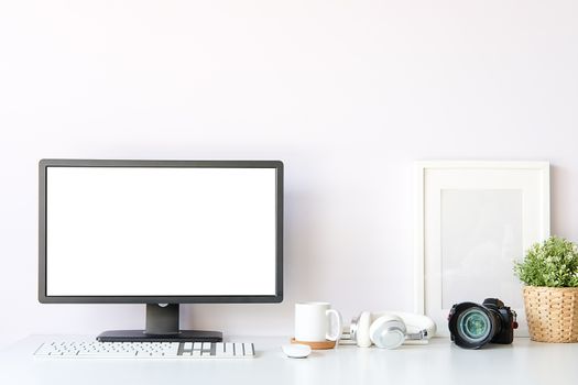 Workspace desk and laptop. copy space and blank screen. Business image, Blank screen laptop and supplies.