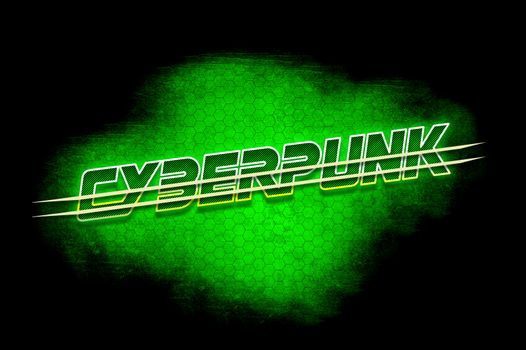 Illustration of a bright logo in the form of the word "Cyberpunk" on a bright background with a black frame
