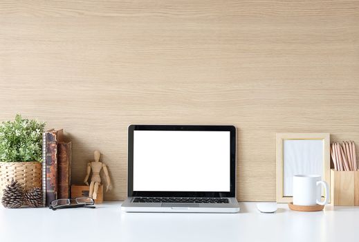 Workspace desk and laptop. copy space and blank screen. Business image, Blank screen laptop and supplies.