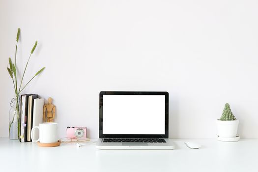 Workspace desk and laptop. copy space and blank screen. Business image, Blank screen laptop and supplies.