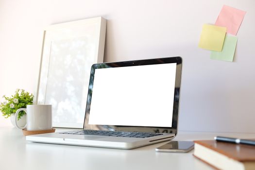 Workspace desk and laptop. copy space and blank screen. Business image, Blank screen laptop and supplies.