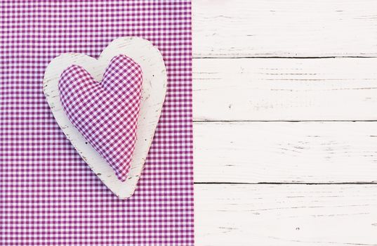 Romantic rustic heart purple on white wood background with copy space