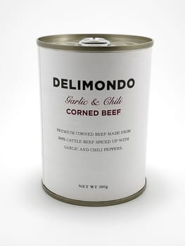 MANILA, PH - JUNE 23 - Delimondo garlic and chili corned beef can on June 23, 2020 in Manila, Philippines.