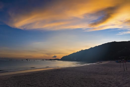 Chon Buri, Thailand - June, 28, 2020 :  Pictures of Tawaen Beach in the dawn, the sun was rising, morning sunrise  time on Koh Lan island after the outbreak of the Covid 19 virus.