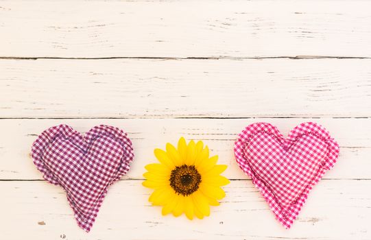 Pink and purple heart with yellow flower border on white background with copy space