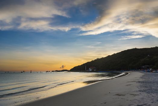 Pictures of Tawaen Beach in the dawn, the sun was rising, morning sunrise  time on Koh Lan island after the outbreak of the Covid 19 virus.