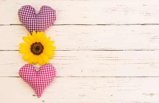 Romantic Valentine card with hearts and yellow blossom on white wood background
