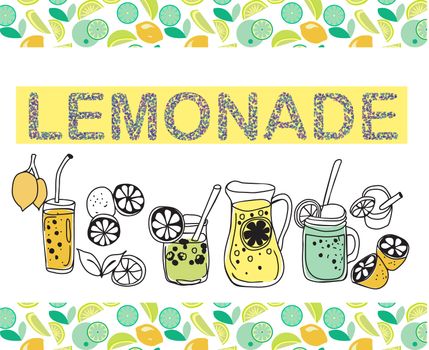 Hand drawn illustration of citrus lemonade on white background. Summer set of beverage with jug of lemonade, slices of lemons illustration. 