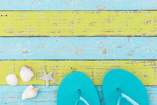Summer sandals beach holiday travel background with copy space