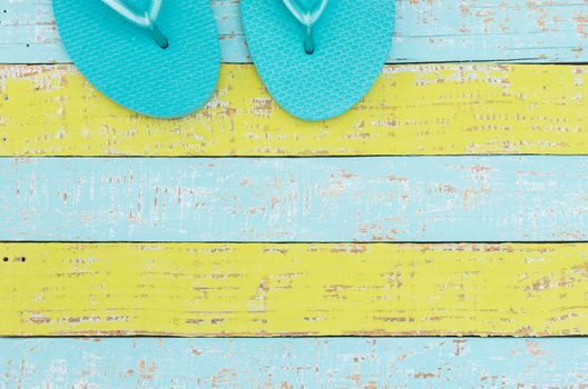Beach accessories summer sandals holiday background with copy space