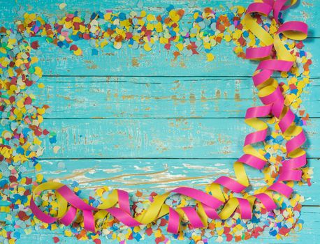 Streamers and confetti decoration for party, birthday or carnival celebration background