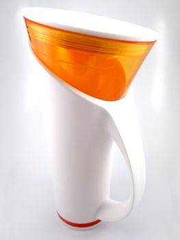 Orange and white color long plastic drinking cup with handle use to drink water content 