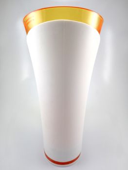 Orange and white color long plastic drinking cup with handle use to drink water content 