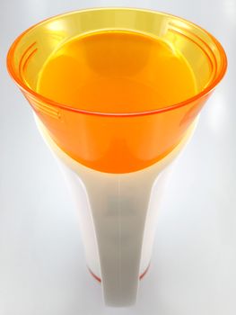 Orange and white color long plastic drinking cup with handle use to drink water content 