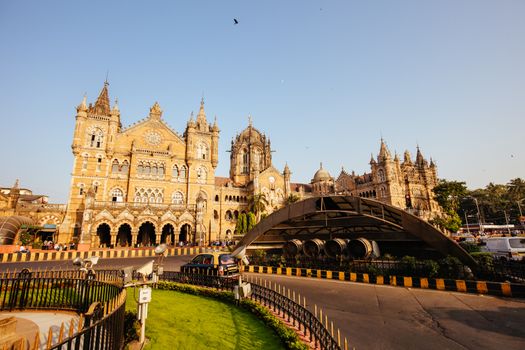 MUMBAI, INDIA - November 9 2017: Chhatrapati Shivaji Terminus railway station on a clear autumn evening.