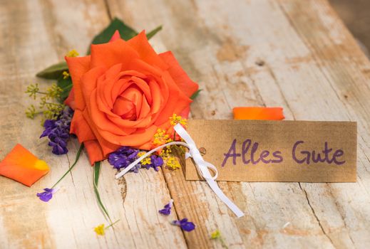 Orange rose flower bunch and tag with german text, Alles Gute, means all the best